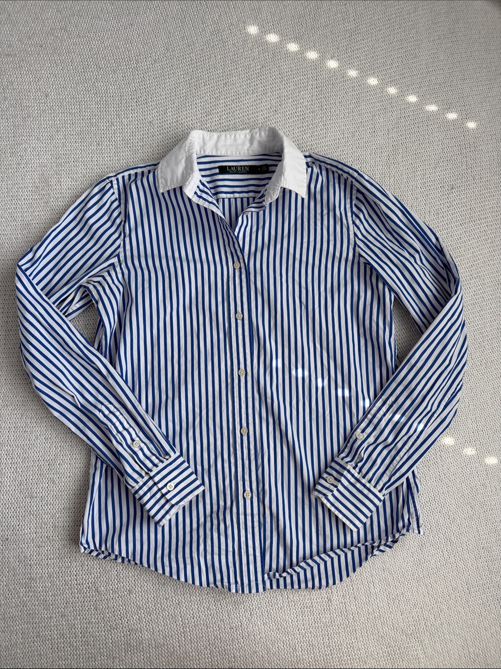 Ralph Lauren 100% Cotton Blue and White Striped Button Down Shirt Size 4